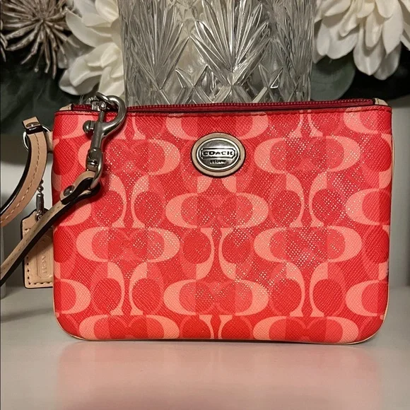 Coach Red & Light Pink Signature Wristlet - Picture 1 of 11